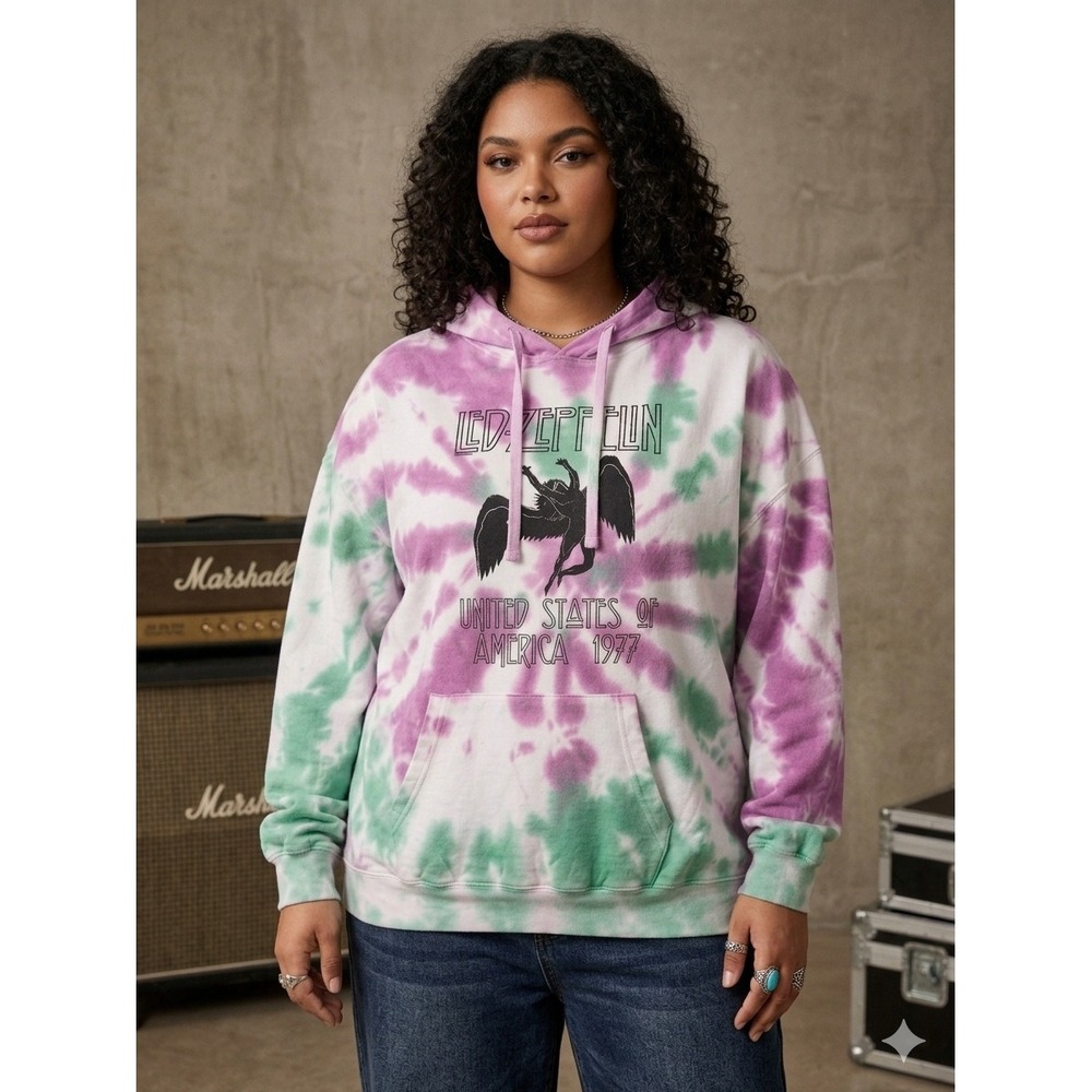 Led Zeppelin 1977 USA Tour Tie Dye Hoodie Purple Green Graphic Sweatshirt 3X